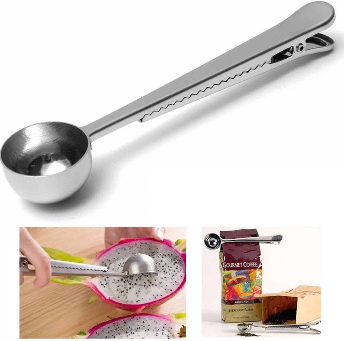 Stainless Steel Coffee Scoop Clip, 2PCS Stainless Steel Coffee Measuring Spoon with Sealed Bag Holder for Tea, Coffee Beans, Protein Powder, Instant Drink (Silver, Gold)