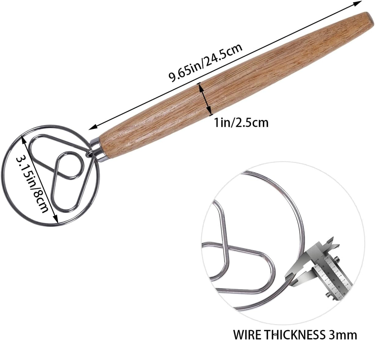 2 PCS Danish Dough Whisk, Stainless Steel Hook Dutch Hand Whisk for Sourdough Bread, Wooden Handle Dough Mixer, Baking Supplies for Cake Pizza Pastry Biscuits(Heart)