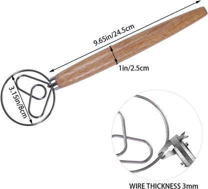 2 PCS Danish Dough Whisk, Stainless Steel Hook Dutch Hand Whisk for Sourdough Bread, Wooden Handle Dough Mixer, Baking Supplies for Cake Pizza Pastry Biscuits(Heart)