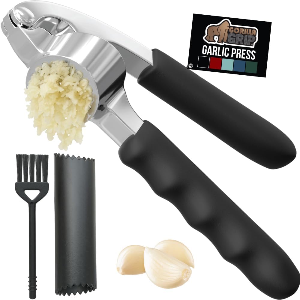 Garlic Press and Peel Set, Heavy Duty Mincer Tool, Large Ergonomic Handle, Easily Mince and Crush Garlics, Ginger, Nuts, Seeds, Peeler Included, Peeling Cloves, Kitchen Gadgets, Black