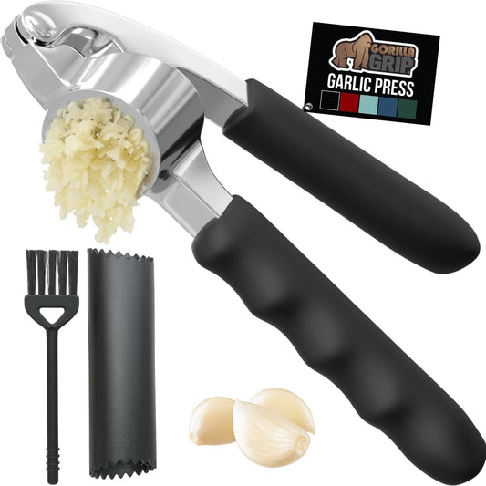 Garlic Press and Peel Set, Heavy Duty Mincer Tool, Large Ergonomic Handle, Easily Mince and Crush Garlics, Ginger, Nuts, Seeds, Peeler Included, Peeling Cloves, Kitchen Gadgets, Black