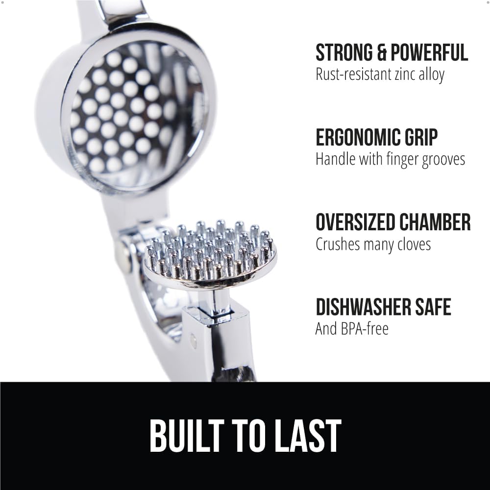 Garlic Press and Peel Set, Heavy Duty Mincer Tool, Large Ergonomic Handle, Easily Mince and Crush Garlics, Ginger, Nuts, Seeds, Peeler Included, Peeling Cloves, Kitchen Gadgets, Black