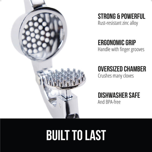 Garlic Press and Peel Set, Heavy Duty Mincer Tool, Large Ergonomic Handle, Easily Mince and Crush Garlics, Ginger, Nuts, Seeds, Peeler Included, Peeling Cloves, Kitchen Gadgets, Black