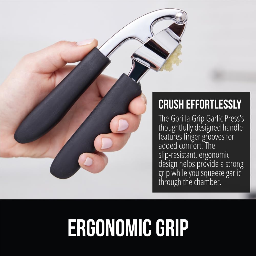 Garlic Press and Peel Set, Heavy Duty Mincer Tool, Large Ergonomic Handle, Easily Mince and Crush Garlics, Ginger, Nuts, Seeds, Peeler Included, Peeling Cloves, Kitchen Gadgets, Black