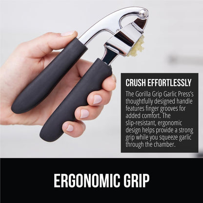 Garlic Press and Peel Set, Heavy Duty Mincer Tool, Large Ergonomic Handle, Easily Mince and Crush Garlics, Ginger, Nuts, Seeds, Peeler Included, Peeling Cloves, Kitchen Gadgets, Black