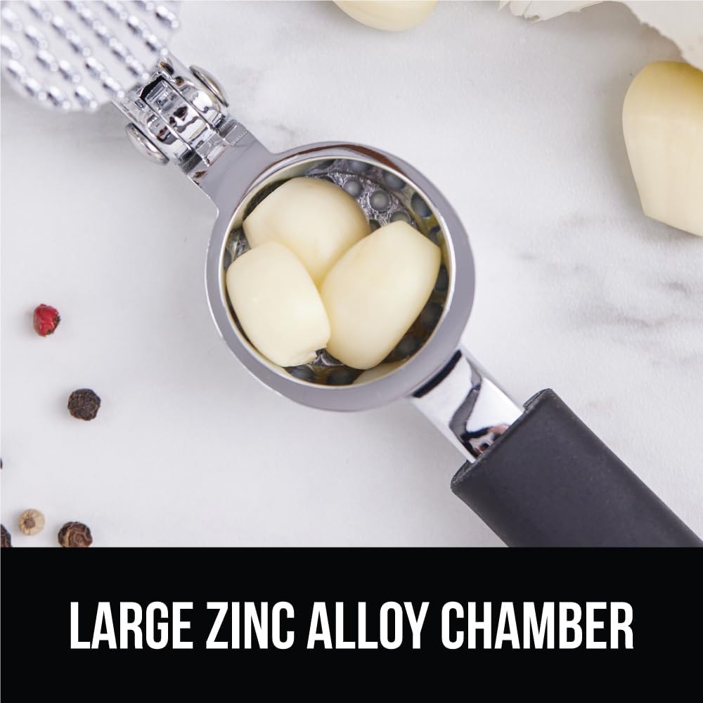Garlic Press and Peel Set, Heavy Duty Mincer Tool, Large Ergonomic Handle, Easily Mince and Crush Garlics, Ginger, Nuts, Seeds, Peeler Included, Peeling Cloves, Kitchen Gadgets, Black