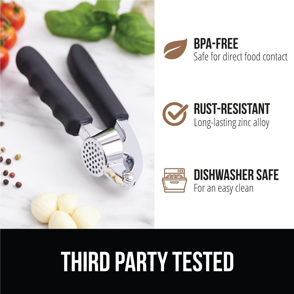 Garlic Press and Peel Set, Heavy Duty Mincer Tool, Large Ergonomic Handle, Easily Mince and Crush Garlics, Ginger, Nuts, Seeds, Peeler Included, Peeling Cloves, Kitchen Gadgets, Black