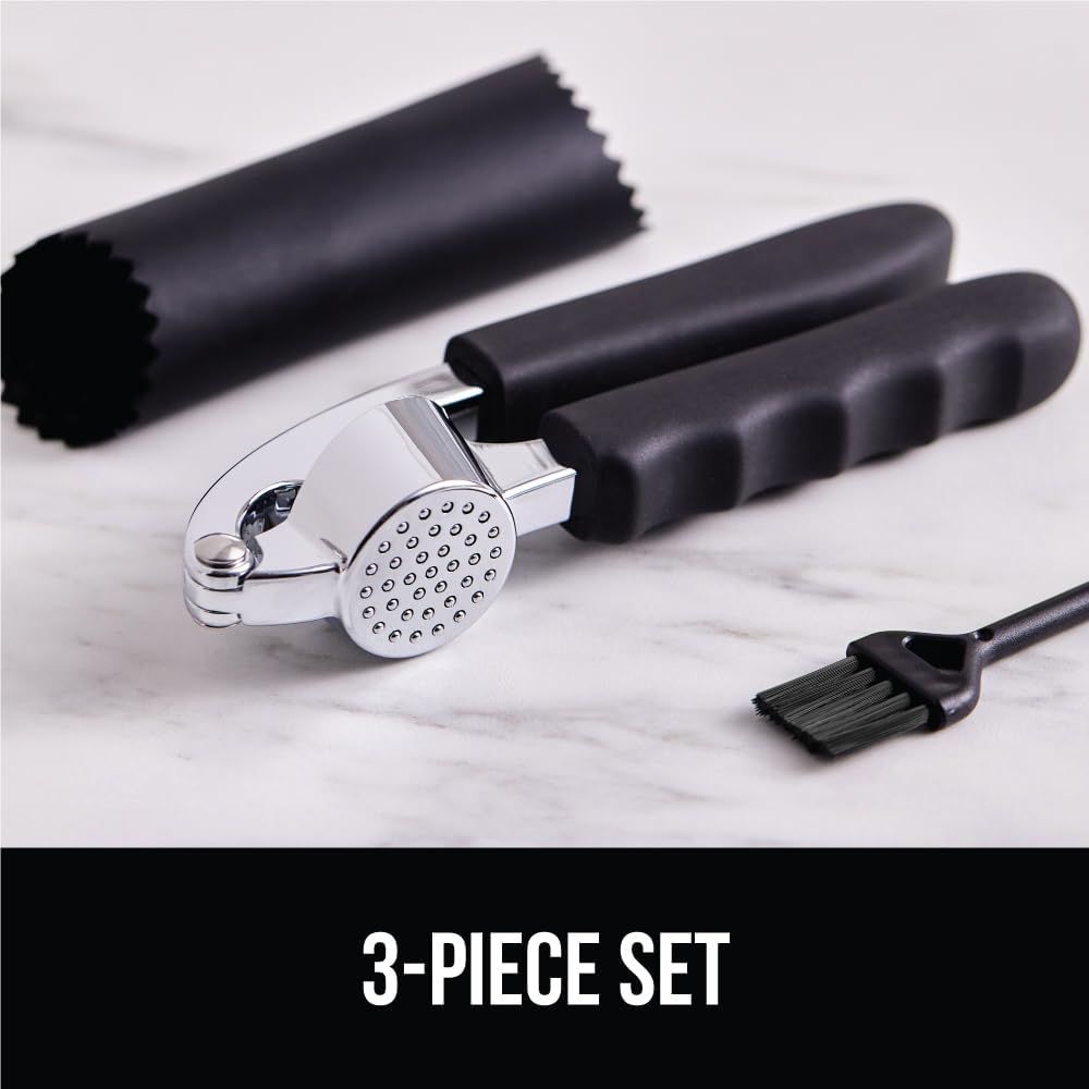 Garlic Press and Peel Set, Heavy Duty Mincer Tool, Large Ergonomic Handle, Easily Mince and Crush Garlics, Ginger, Nuts, Seeds, Peeler Included, Peeling Cloves, Kitchen Gadgets, Black