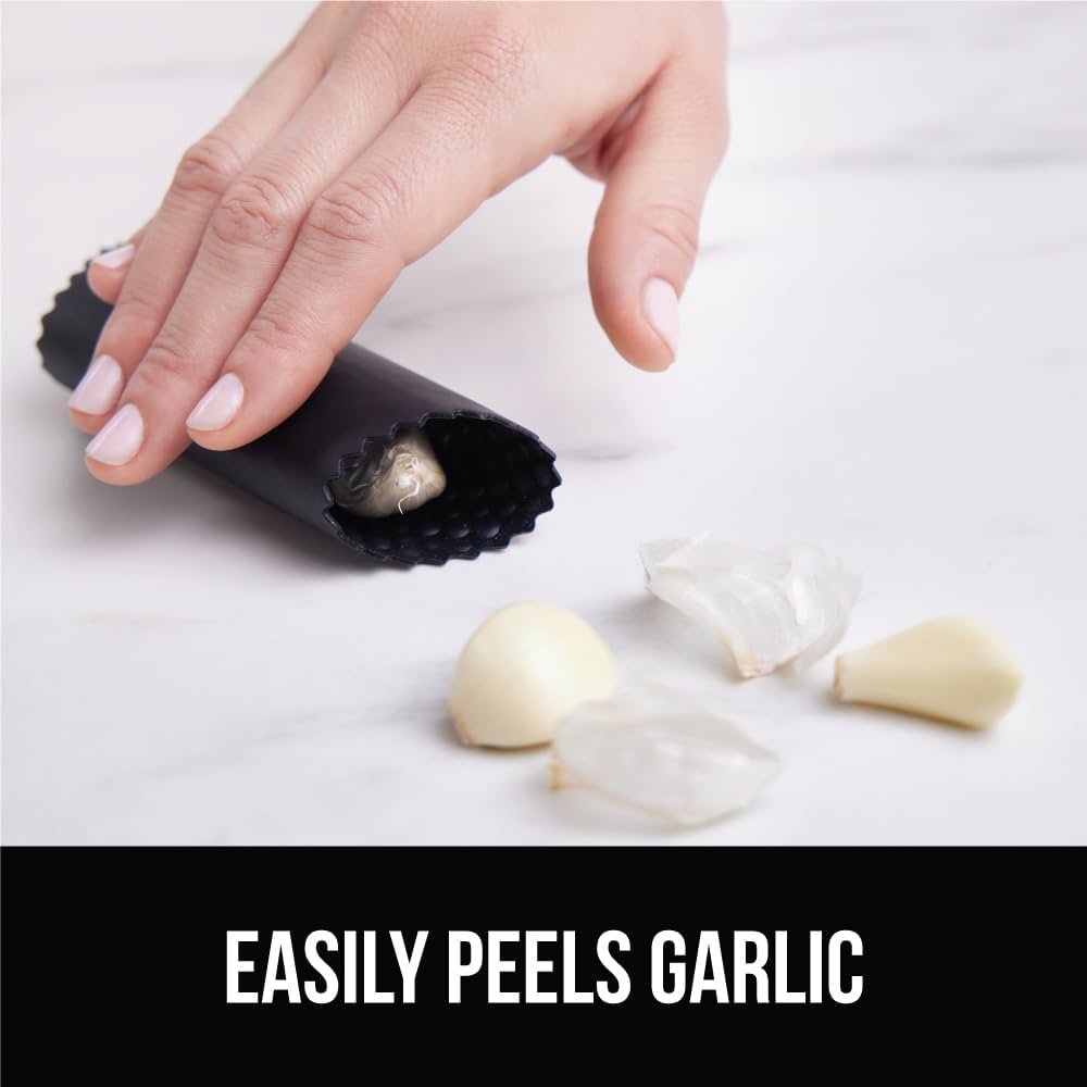 Garlic Press and Peel Set, Heavy Duty Mincer Tool, Large Ergonomic Handle, Easily Mince and Crush Garlics, Ginger, Nuts, Seeds, Peeler Included, Peeling Cloves, Kitchen Gadgets, Black