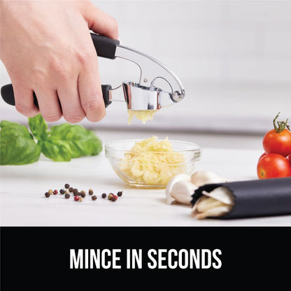 Garlic Press and Peel Set, Heavy Duty Mincer Tool, Large Ergonomic Handle, Easily Mince and Crush Garlics, Ginger, Nuts, Seeds, Peeler Included, Peeling Cloves, Kitchen Gadgets, Black