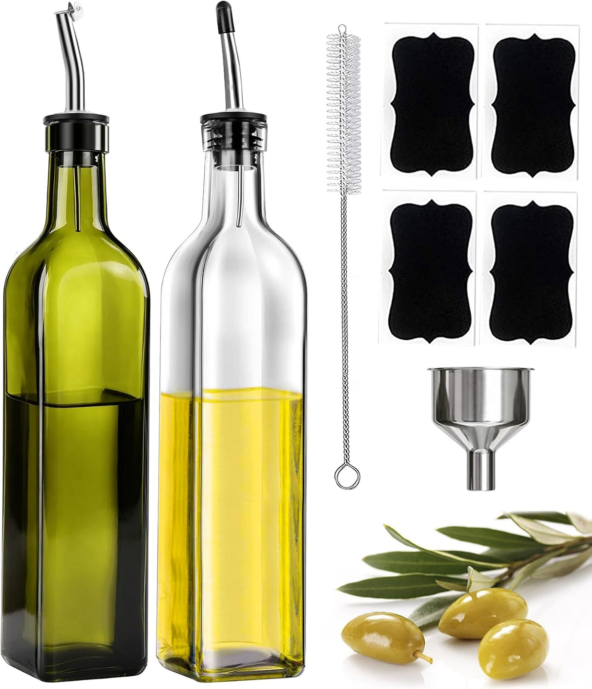 17oz Olive Oil Dispenser Bottle, 500ml Oil & Vinegar Cruet with 2 Stainless Steel Pourers, 2 Labels,1 Brush and 1 Funnel for Kitchen