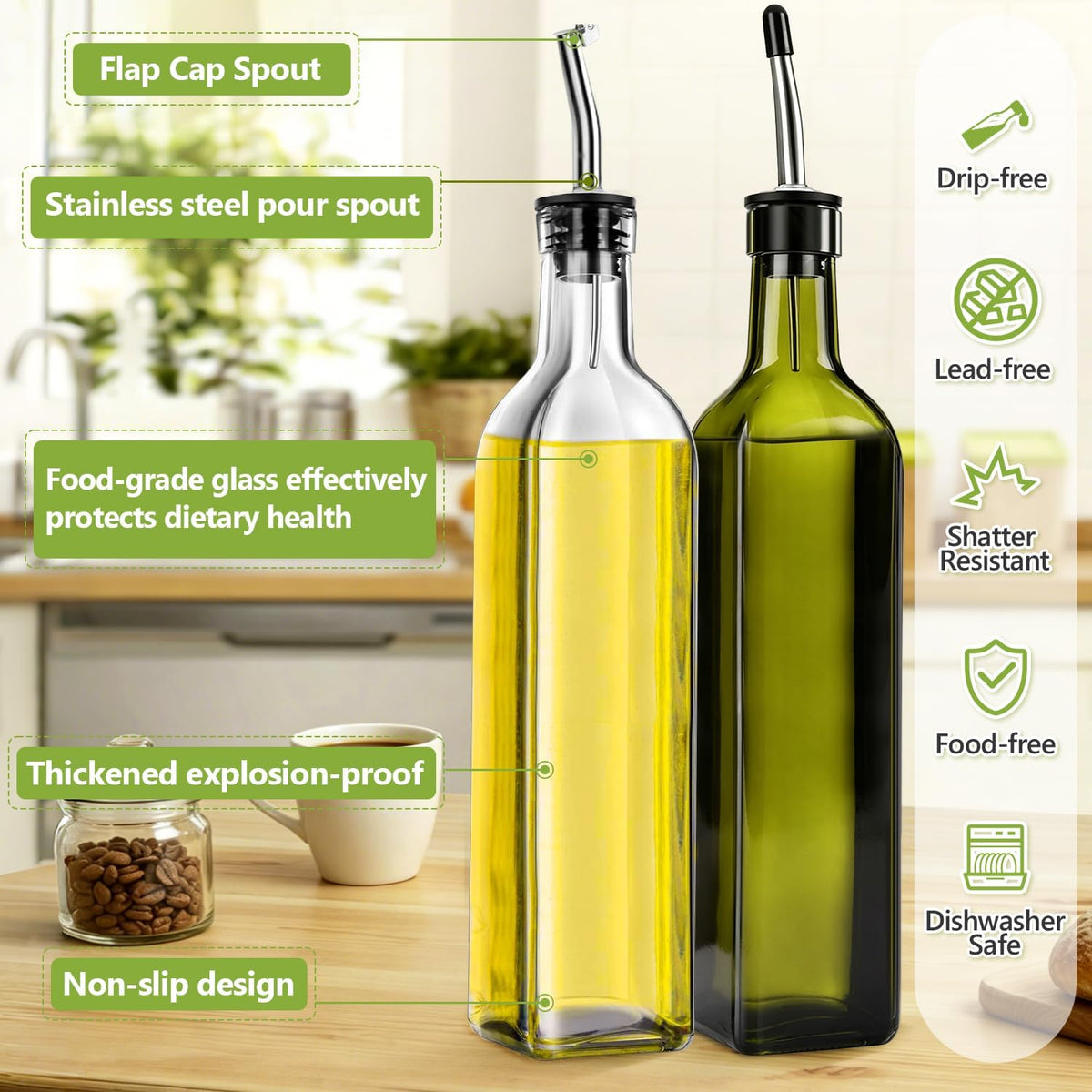 17oz Olive Oil Dispenser Bottle, 500ml Oil & Vinegar Cruet with 2 Stainless Steel Pourers, 2 Labels,1 Brush and 1 Funnel for Kitchen