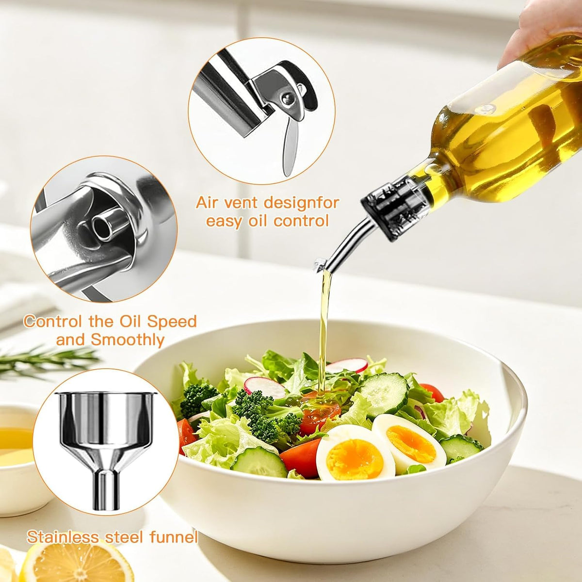 17oz Olive Oil Dispenser Bottle, 500ml Oil & Vinegar Cruet with 2 Stainless Steel Pourers, 2 Labels,1 Brush and 1 Funnel for Kitchen