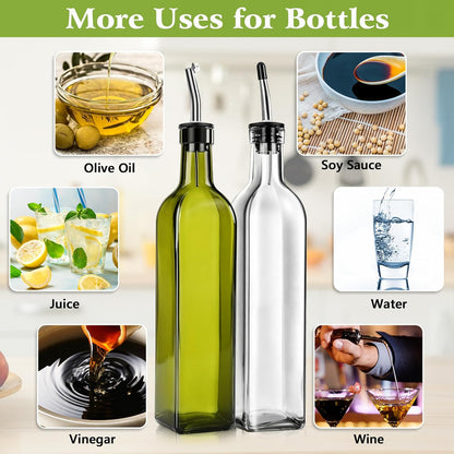 17oz Olive Oil Dispenser Bottle, 500ml Oil & Vinegar Cruet with 2 Stainless Steel Pourers, 2 Labels,1 Brush and 1 Funnel for Kitchen