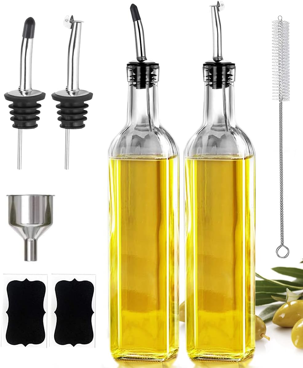17oz Olive Oil Dispenser Bottle, 500ml Oil & Vinegar Cruet with 2 Stainless Steel Pourers, 2 Labels,1 Brush and 1 Funnel for Kitchen