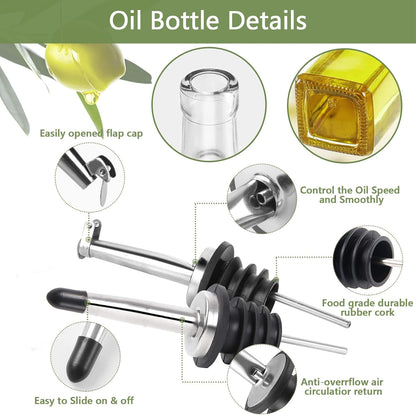 17oz Olive Oil Dispenser Bottle, 500ml Oil & Vinegar Cruet with 2 Stainless Steel Pourers, 2 Labels,1 Brush and 1 Funnel for Kitchen