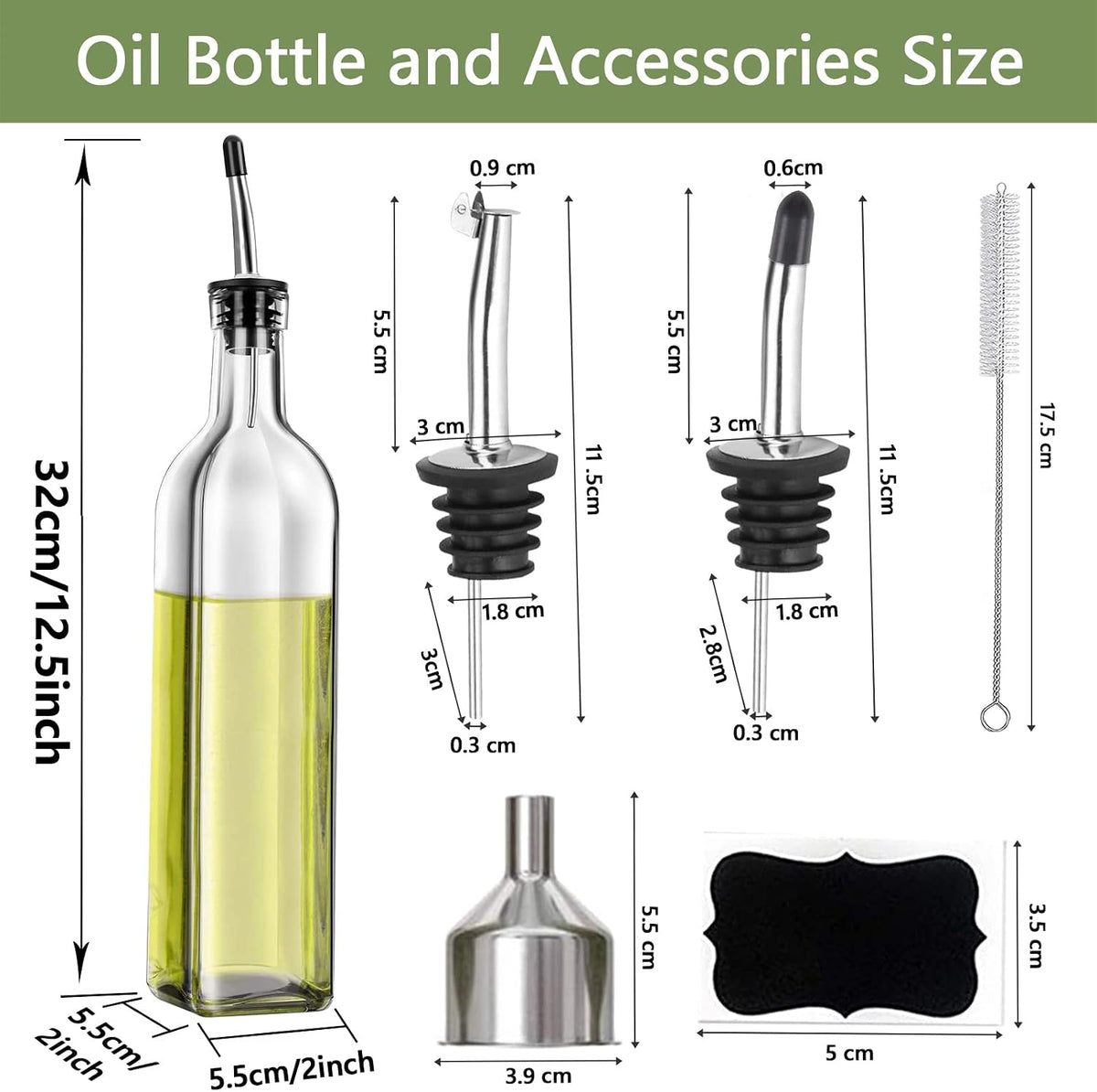 17oz Olive Oil Dispenser Bottle, 500ml Oil & Vinegar Cruet with 2 Stainless Steel Pourers, 2 Labels,1 Brush and 1 Funnel for Kitchen