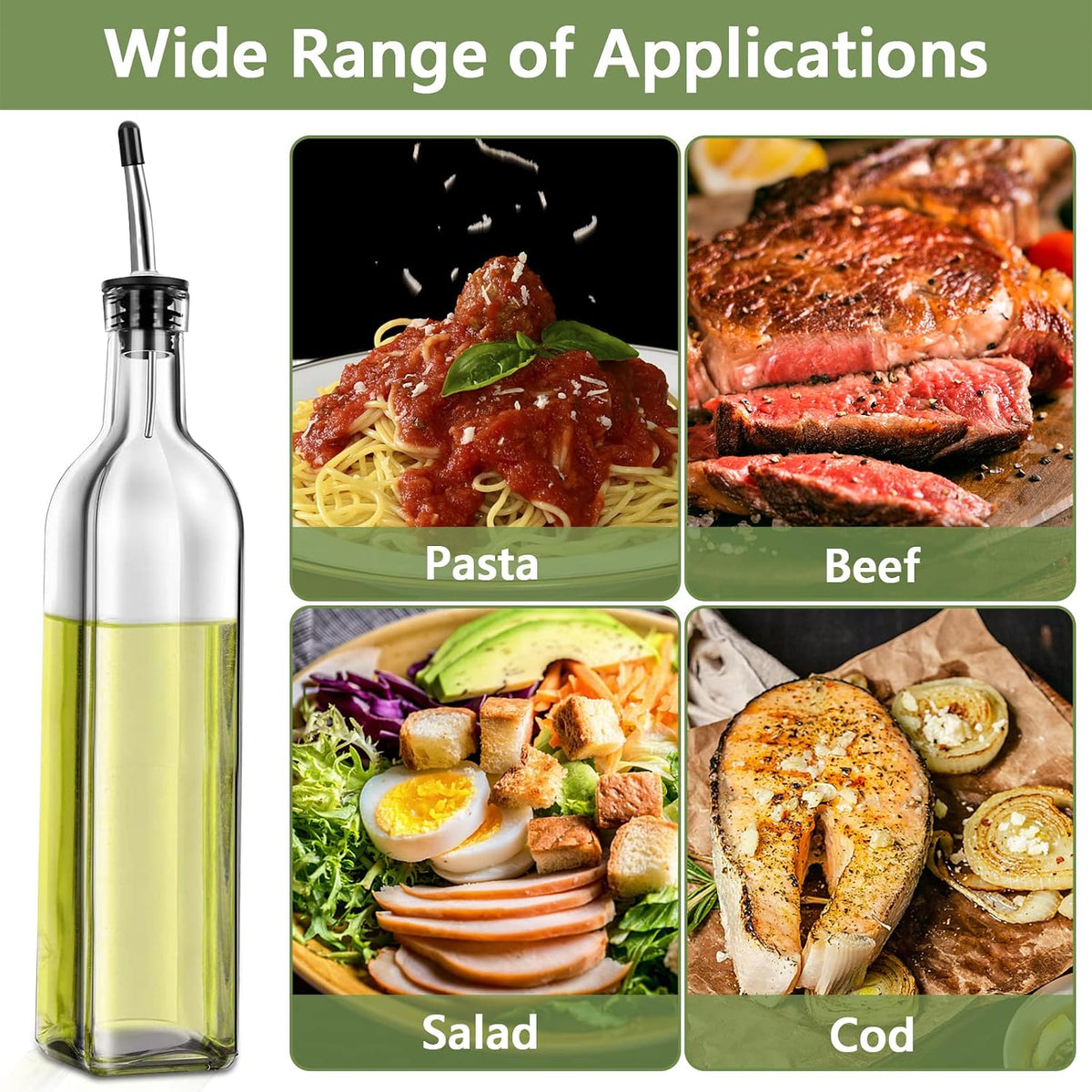 17oz Olive Oil Dispenser Bottle, 500ml Oil & Vinegar Cruet with 2 Stainless Steel Pourers, 2 Labels,1 Brush and 1 Funnel for Kitchen