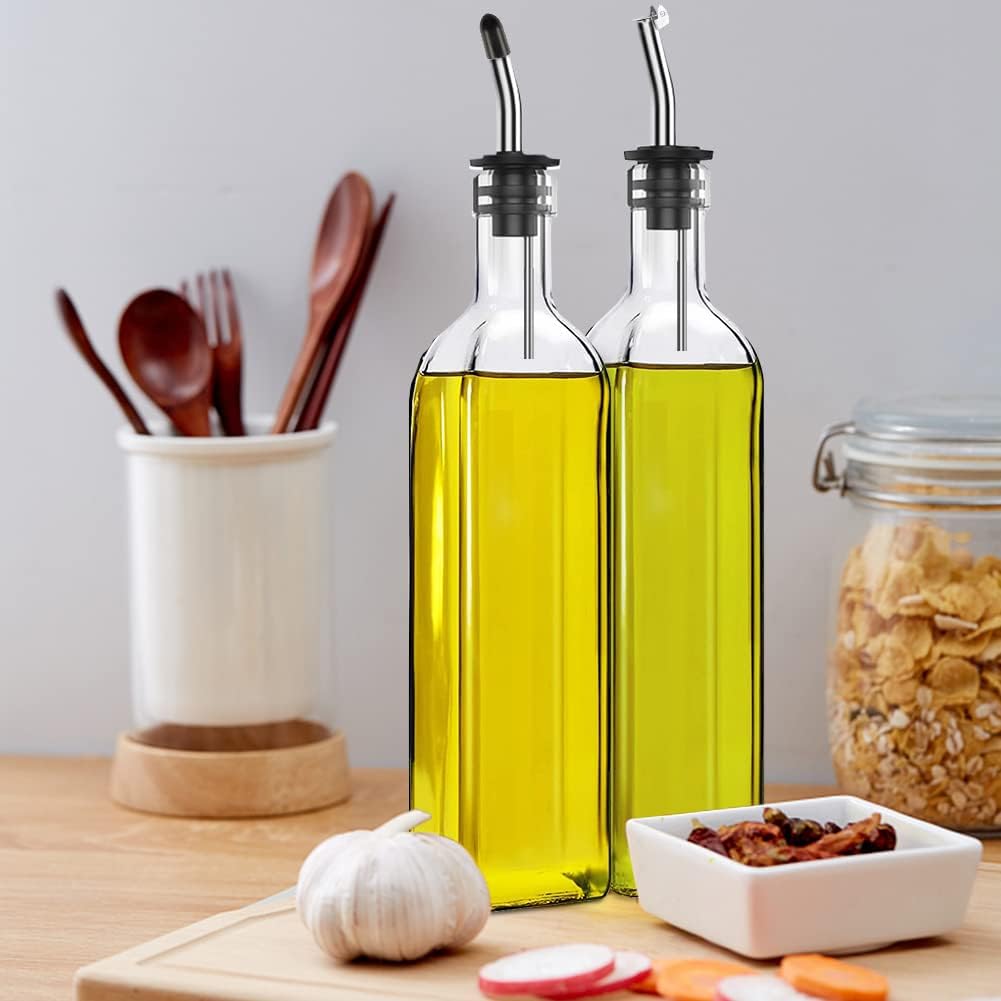 17oz Olive Oil Dispenser Bottle, 500ml Oil & Vinegar Cruet with 2 Stainless Steel Pourers, 2 Labels,1 Brush and 1 Funnel for Kitchen