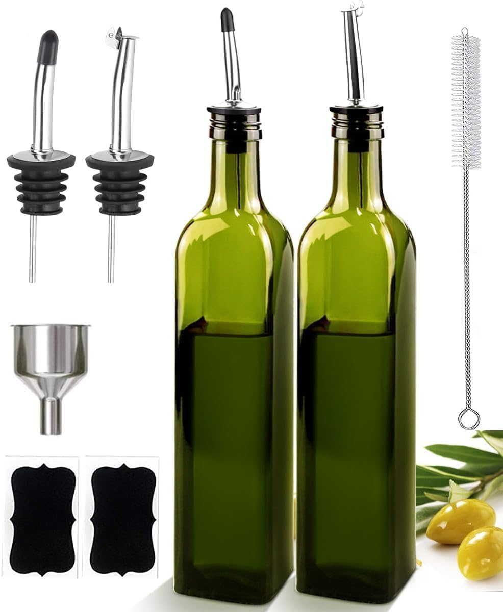 17oz Olive Oil Dispenser Bottle, 500ml Oil & Vinegar Cruet with 2 Stainless Steel Pourers, 2 Labels,1 Brush and 1 Funnel for Kitchen