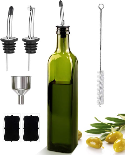 17oz Olive Oil Dispenser Bottle, 500ml Oil & Vinegar Cruet with 2 Stainless Steel Pourers, 2 Labels,1 Brush and 1 Funnel for Kitchen