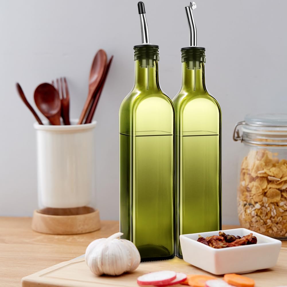 17oz Olive Oil Dispenser Bottle, 500ml Oil & Vinegar Cruet with 2 Stainless Steel Pourers, 2 Labels,1 Brush and 1 Funnel for Kitchen