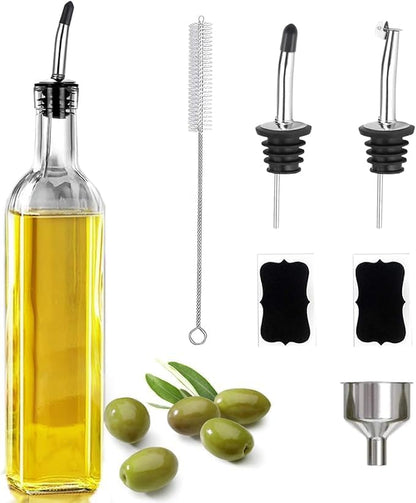 17oz Olive Oil Dispenser Bottle, 500ml Oil & Vinegar Cruet with 2 Stainless Steel Pourers, 2 Labels,1 Brush and 1 Funnel for Kitchen