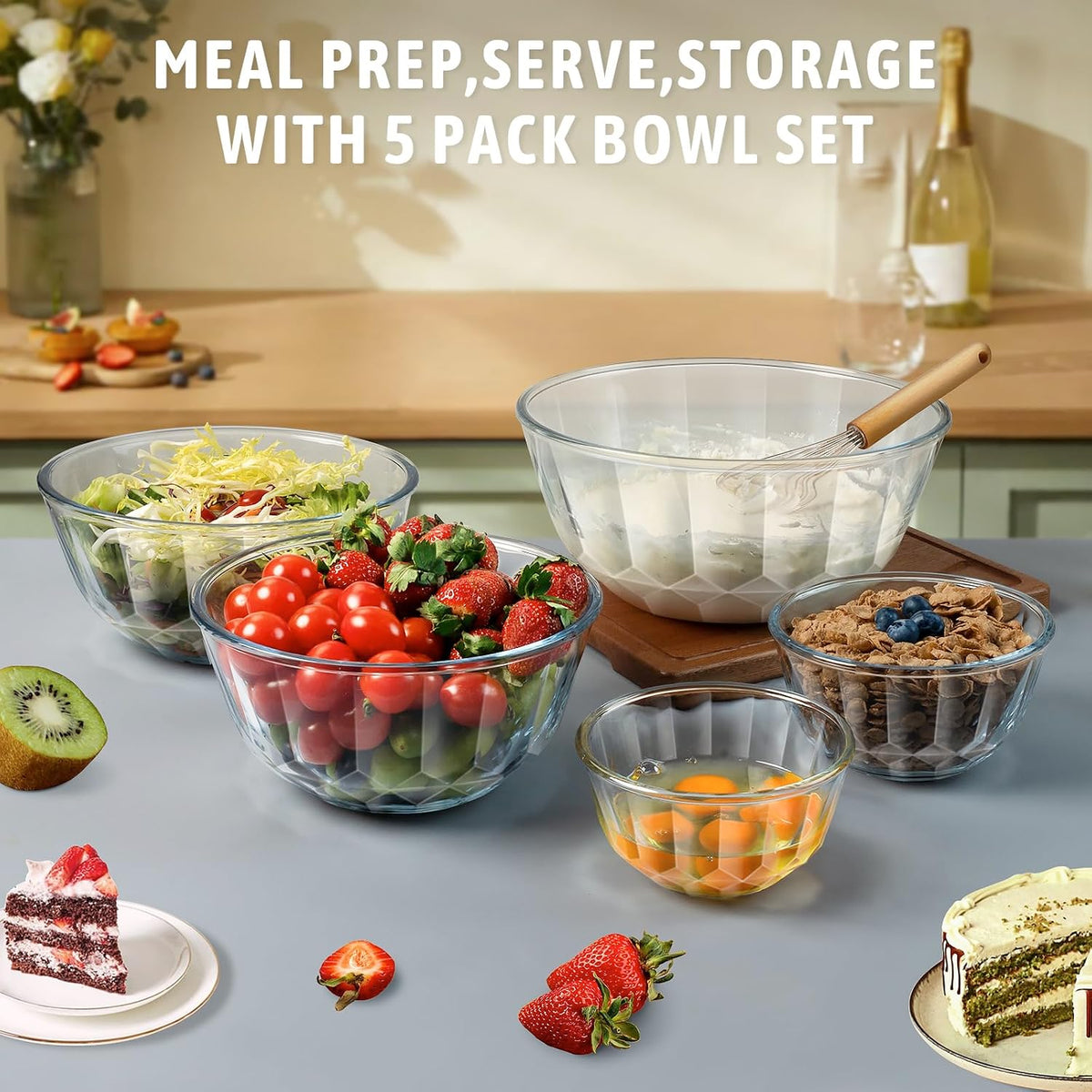 Glass Mixing Bowls with Airtight Lids, 5 PCS Thick Glass Nesting Bowls