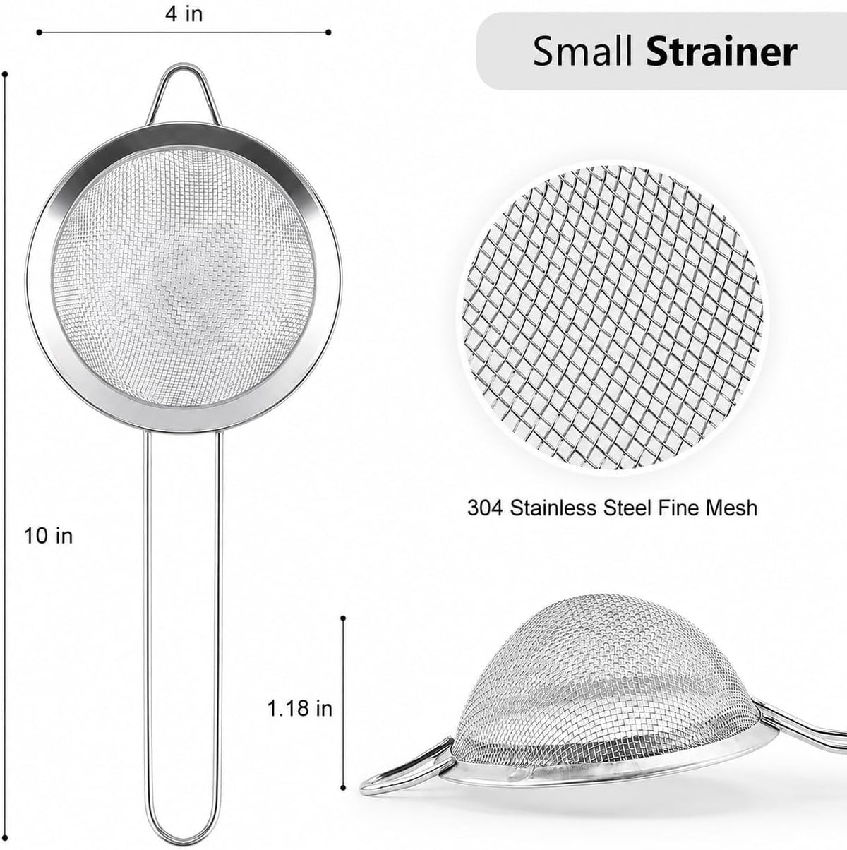 D Fine Mesh Strainer, Stainless Steel Sieve Sifter with Handle, 4-Inch