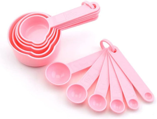 Plastic Measuring Cups and Spoons Set of 11, Kitchen Measuring Cups and Spoons Set for Dry & Liquid Ingredients, 5 Measuring Cups & 6 Measuring Spoons Set for Cooking & Baking Color Pink