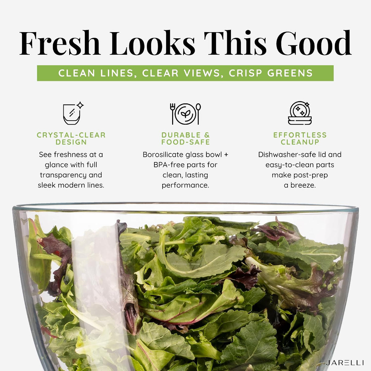 Glass Salad Spinner with Storage Lid, 6 Quart Borosilicate Glass Bowl, Push Button Drying Lid, BPA-Free Draining Basket Doubles as Serving Bowl & Colander, Lettuce, Vegetable, & Fruit Washer
