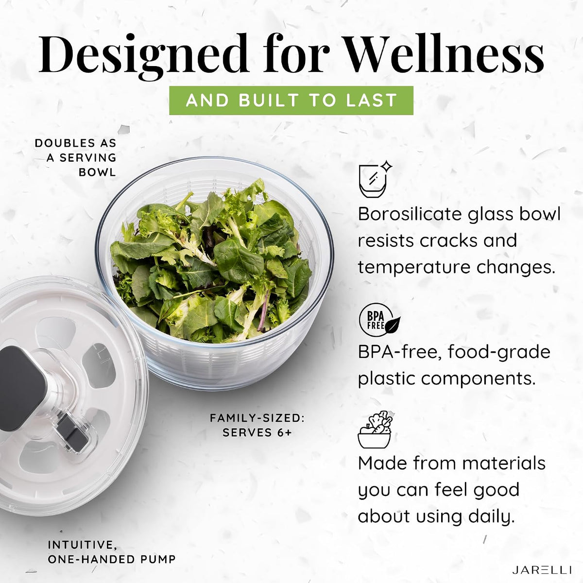 Glass Salad Spinner with Storage Lid, 6 Quart Borosilicate Glass Bowl, Push Button Drying Lid, BPA-Free Draining Basket Doubles as Serving Bowl & Colander, Lettuce, Vegetable, & Fruit Washer