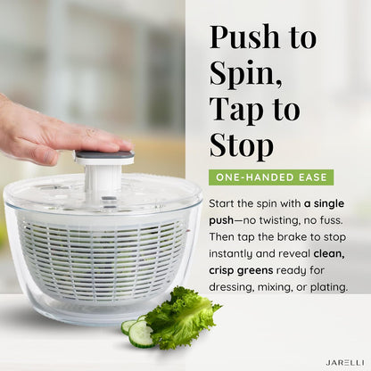 Glass Salad Spinner with Storage Lid, 6 Quart Borosilicate Glass Bowl, Push Button Drying Lid, BPA-Free Draining Basket Doubles as Serving Bowl & Colander, Lettuce, Vegetable, & Fruit Washer