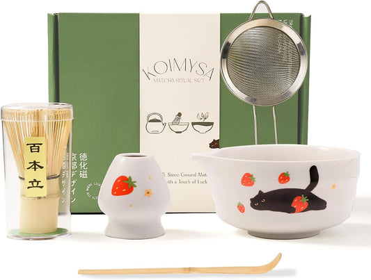 Matcha Whisk Set, 5 Pcs Japanese Matcha Bowl and Whisk Making Kit | Cute Matcha Preparation Set Kit with White Glossy Ceramic Bowl and Black Cat and Strawberry Pattern, Matcha Gifts for Women
