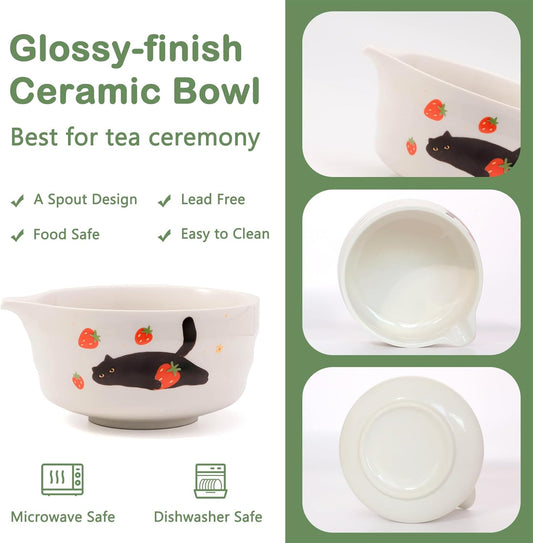 Matcha Whisk Set, 5 Pcs Japanese Matcha Bowl and Whisk Making Kit | Cute Matcha Preparation Set Kit with White Glossy Ceramic Bowl and Black Cat and Strawberry Pattern, Matcha Gifts for Women