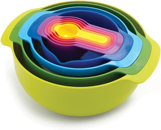 Nest 9 Plus, 9 Piece Compact Food Preparation Set with Mixing Bowls, Measuring cups, Sieve and Colander, MultiColor