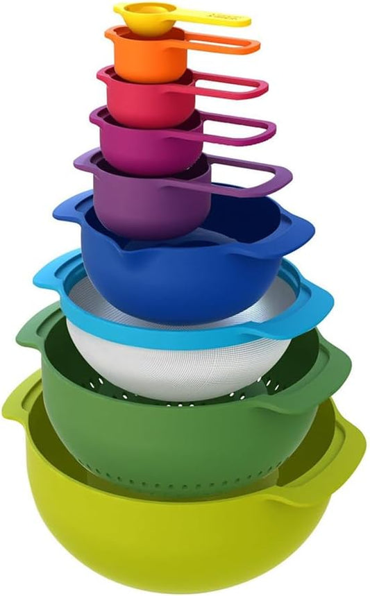 Nest 9 Plus, 9 Piece Compact Food Preparation Set with Mixing Bowls, Measuring cups, Sieve and Colander, MultiColor