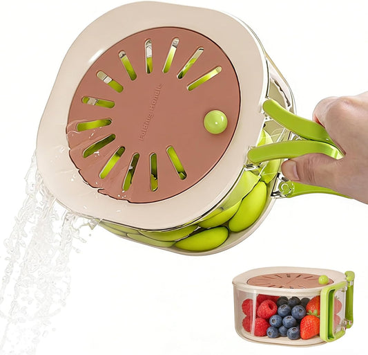 Fruit Vegetable Washing Bowl with Strainer - Multifunctional Berry Container, Produce Washer & Draining Colander Basket with Lid for Fridge Storage (Brown)