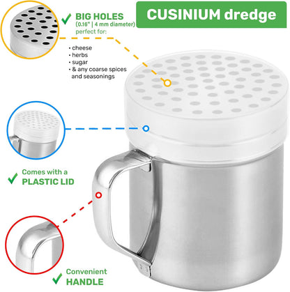 CUSINIUM 10oz Metal Parmesan Cheese Shakers with Large Holes - With Handle - Chili Flakes Dispensers - Pizza Shakers - Pack of 2 | Style: Coarse
