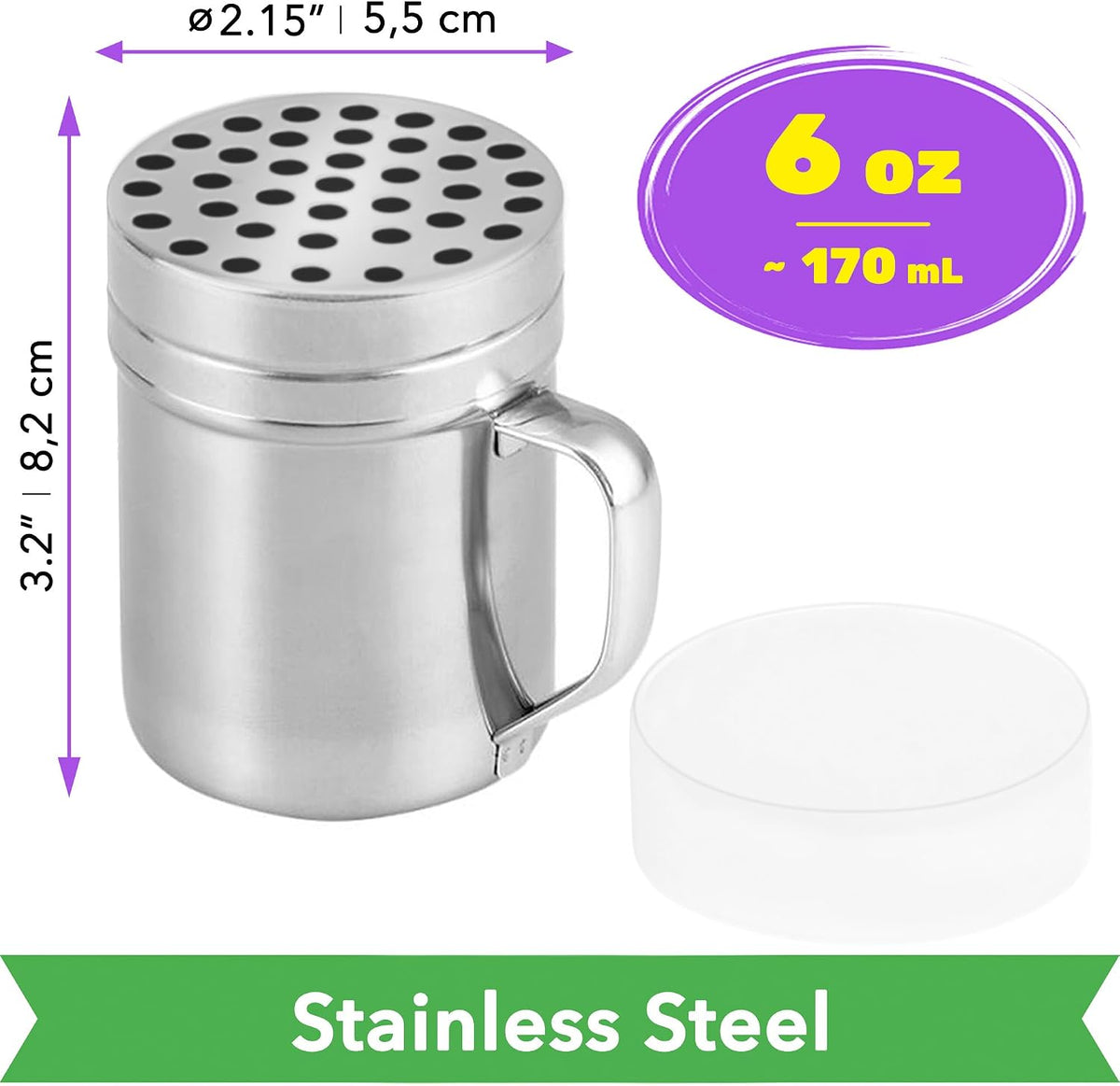 CUSINIUM 10oz Metal Parmesan Cheese Shakers with Large Holes - With Handle - Chili Flakes Dispensers - Pizza Shakers - Pack of 2 | Style: Coarse