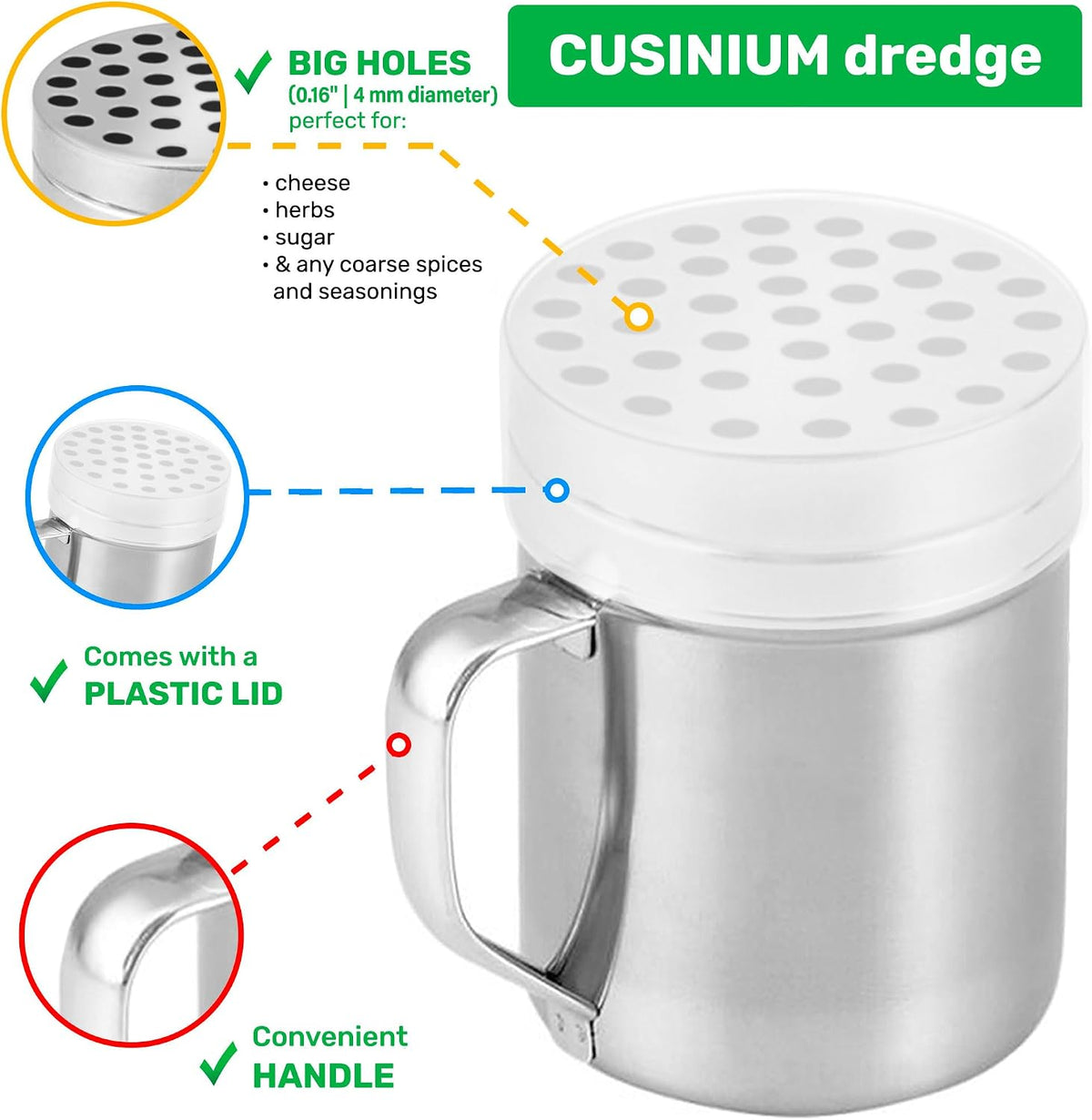 CUSINIUM 10oz Metal Parmesan Cheese Shakers with Large Holes - With Handle - Chili Flakes Dispensers - Pizza Shakers - Pack of 2 | Style: Coarse