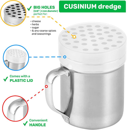 CUSINIUM 10oz Metal Parmesan Cheese Shakers with Large Holes - With Handle - Chili Flakes Dispensers - Pizza Shakers - Pack of 2 | Style: Coarse