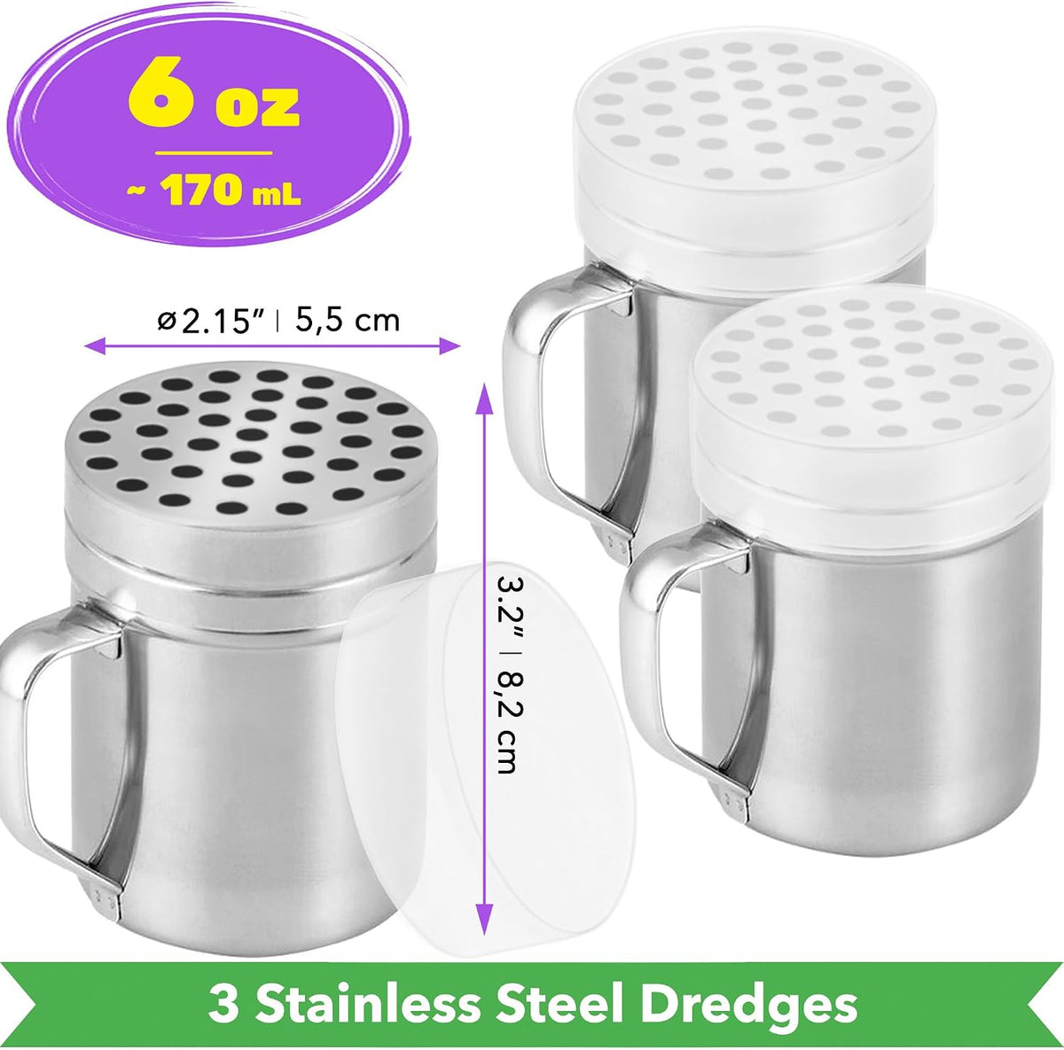 CUSINIUM 10oz Metal Parmesan Cheese Shakers with Large Holes - With Handle - Chili Flakes Dispensers - Pizza Shakers - Pack of 2 | Style: Coarse