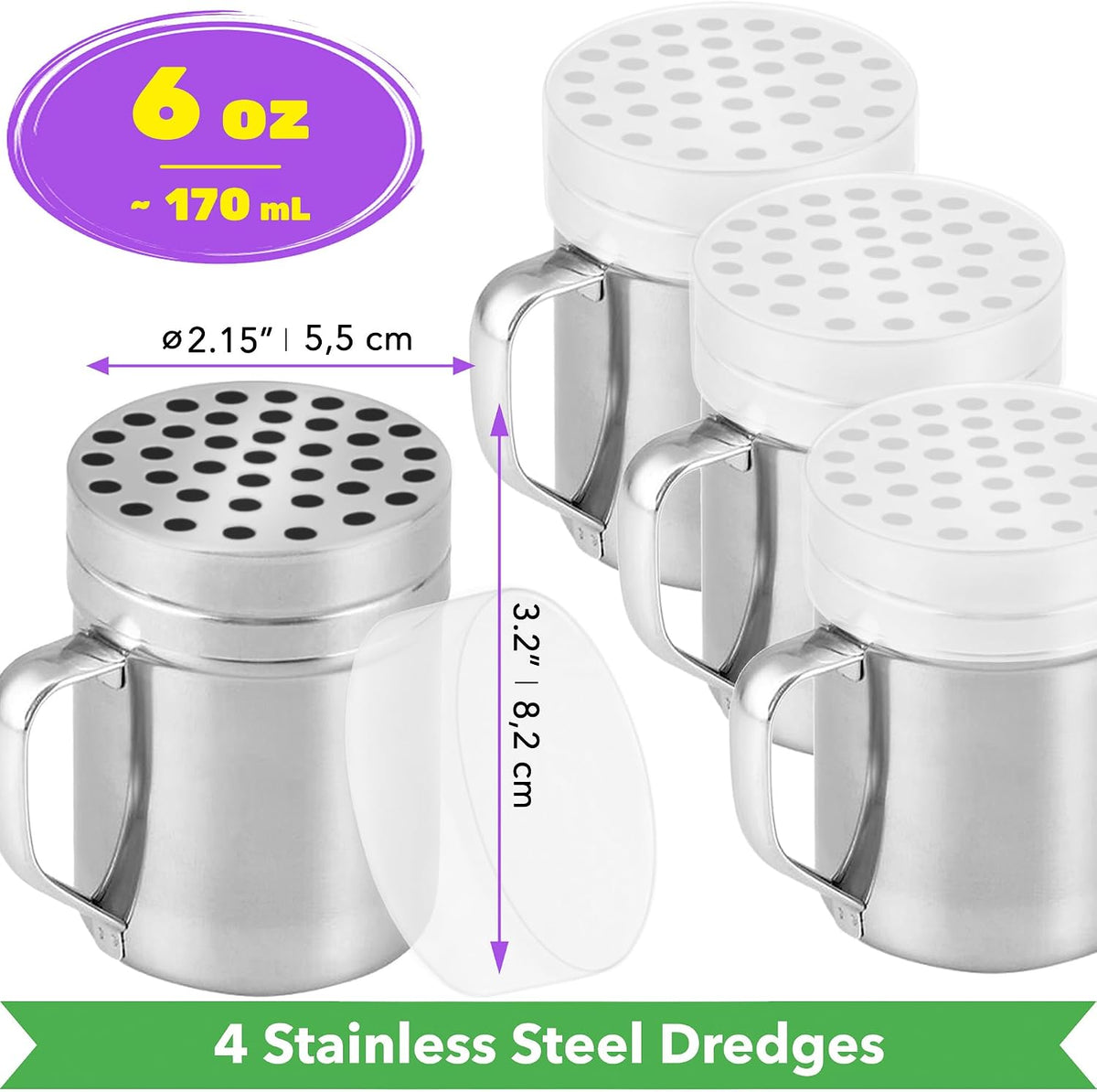 CUSINIUM 10oz Metal Parmesan Cheese Shakers with Large Holes - With Handle - Chili Flakes Dispensers - Pizza Shakers - Pack of 2 | Style: Coarse