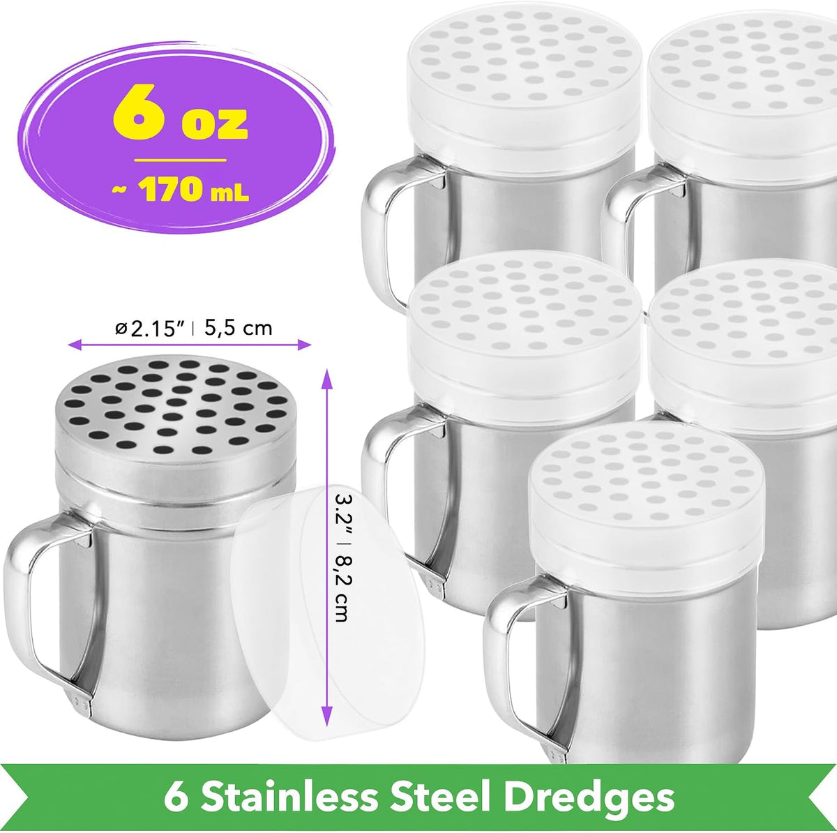 CUSINIUM 10oz Metal Parmesan Cheese Shakers with Large Holes - With Handle - Chili Flakes Dispensers - Pizza Shakers - Pack of 2 | Style: Coarse