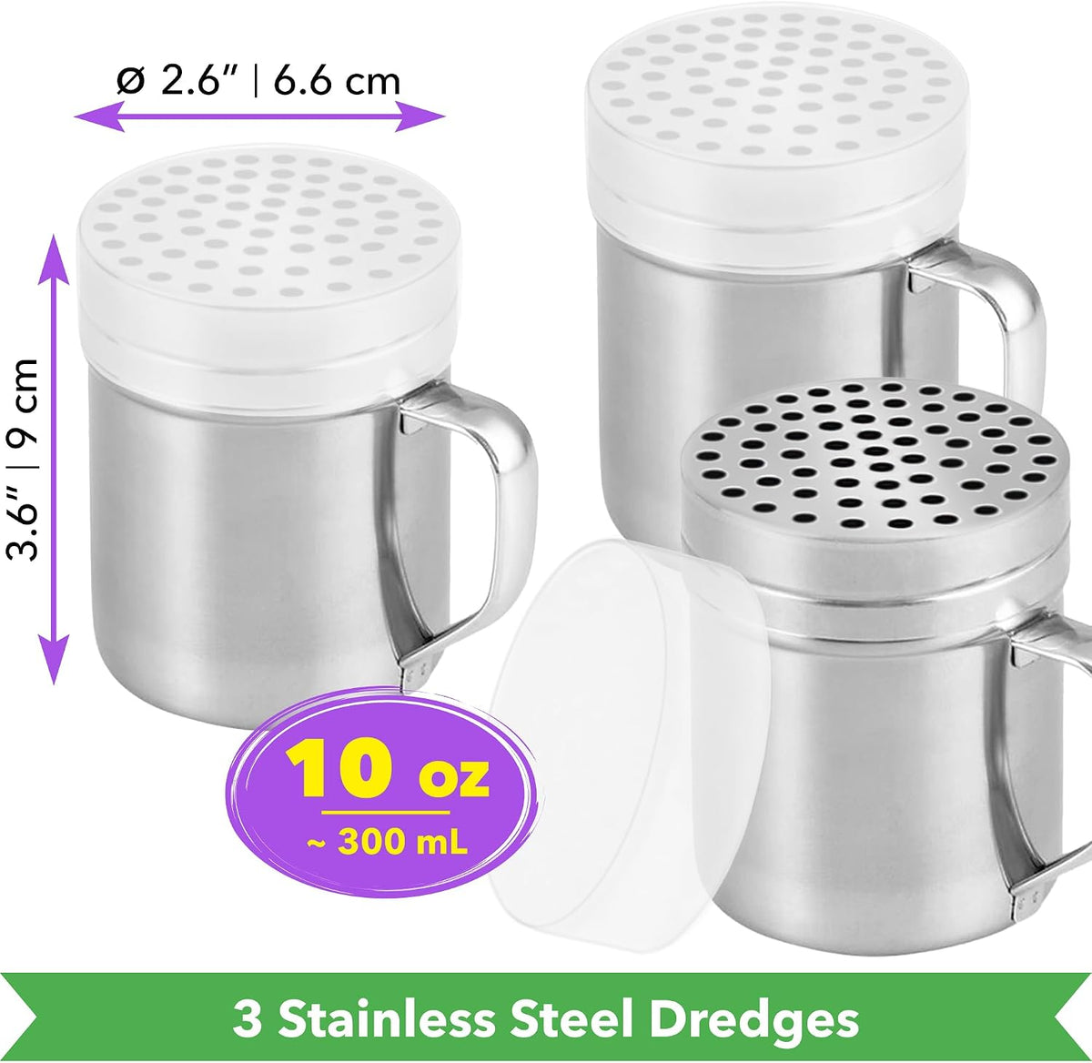 CUSINIUM 10oz Metal Parmesan Cheese Shakers with Large Holes - With Handle - Chili Flakes Dispensers - Pizza Shakers - Pack of 2 | Style: Coarse