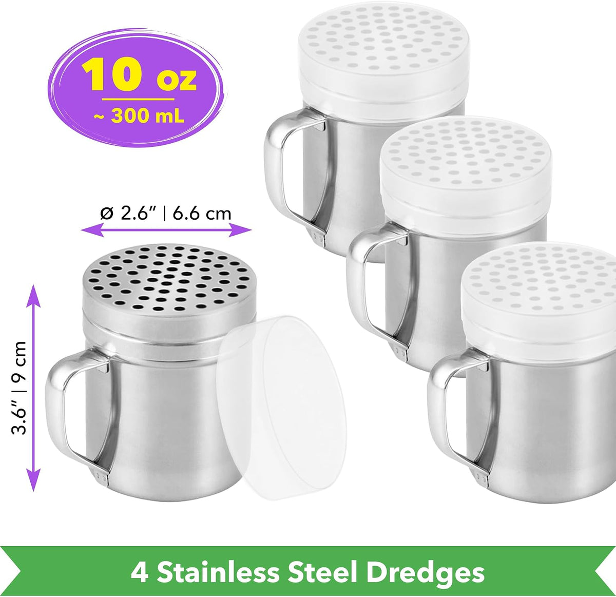 CUSINIUM 10oz Metal Parmesan Cheese Shakers with Large Holes - With Handle - Chili Flakes Dispensers - Pizza Shakers - Pack of 2 | Style: Coarse