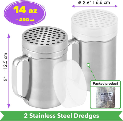 CUSINIUM 10oz Metal Parmesan Cheese Shakers with Large Holes - With Handle - Chili Flakes Dispensers - Pizza Shakers - Pack of 2 | Style: Coarse