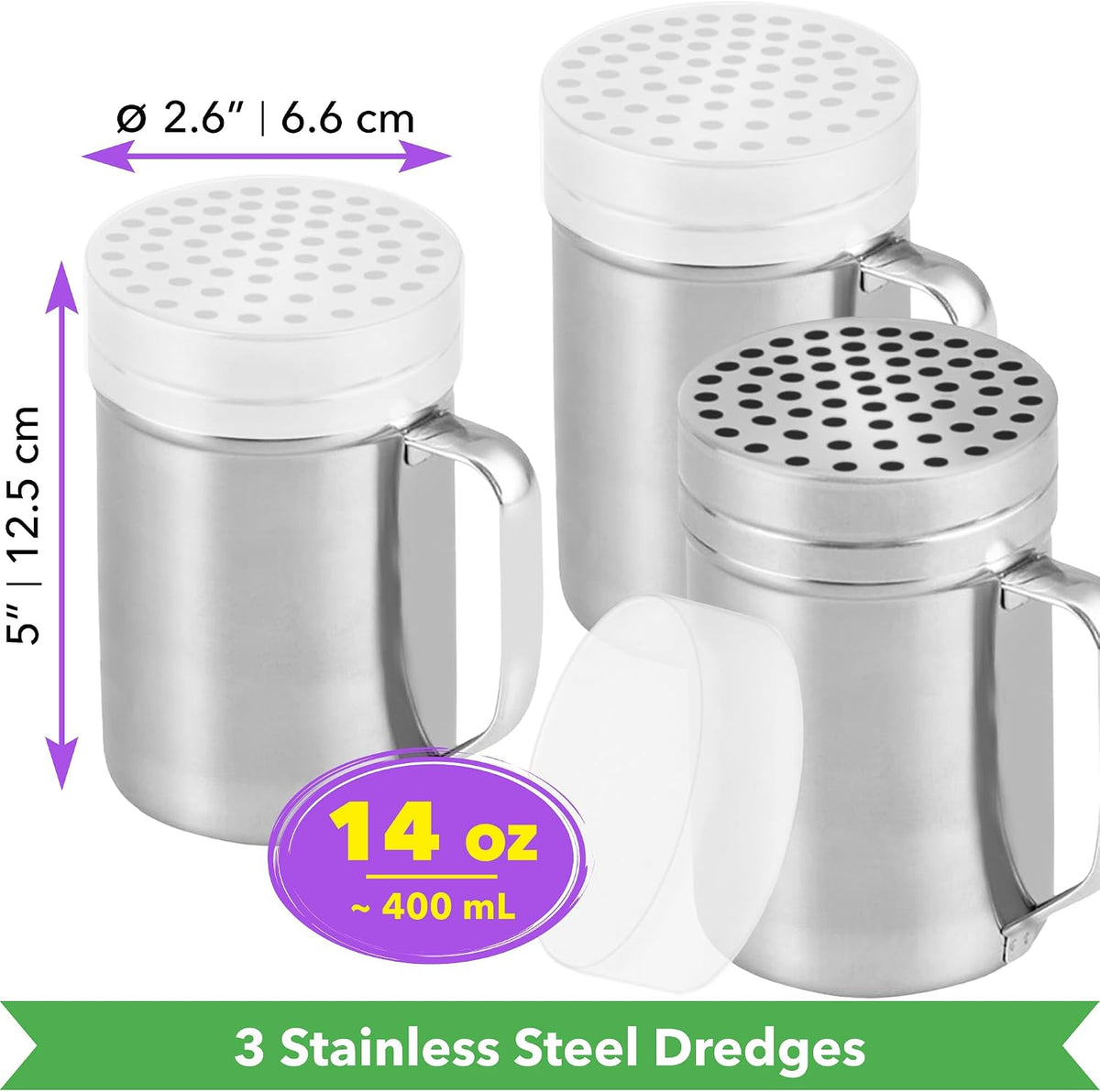 CUSINIUM 10oz Metal Parmesan Cheese Shakers with Large Holes - With Handle - Chili Flakes Dispensers - Pizza Shakers - Pack of 2 | Style: Coarse