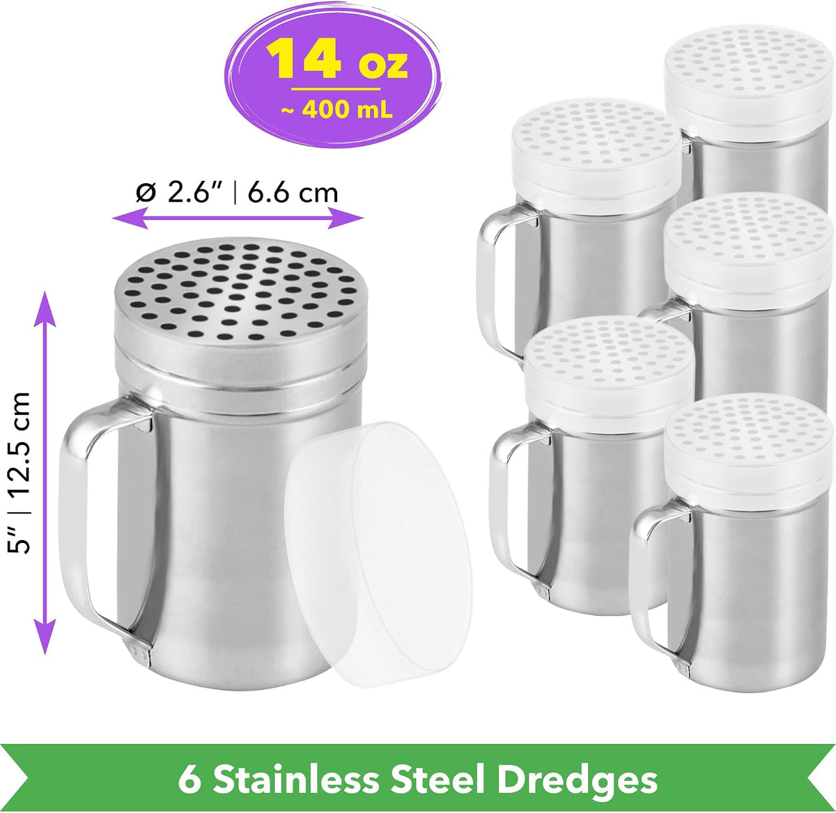 CUSINIUM 10oz Metal Parmesan Cheese Shakers with Large Holes - With Handle - Chili Flakes Dispensers - Pizza Shakers - Pack of 2 | Style: Coarse
